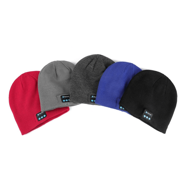 Assorted Stylish Warm Unisex Sport Beanies with Built-in Wireless Headphones in red, grey, black, blue, and dark grey colors.